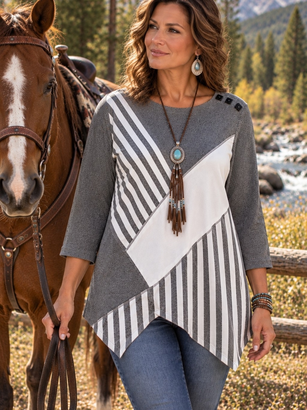 NWT Alfred Dunner 1X Gray White Geometric Stripe Asymmetrical Tunic Top